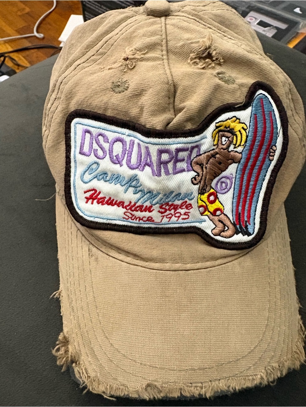 DSQUARED2 Tan Distressed Surf Patch Cap with Multicolor Embroidery